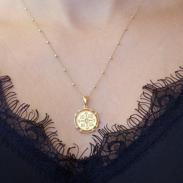 Constantine talisman made of 925 silver, Gold medallion greek pendant, Gold Orthodox coin Byzantine necklace