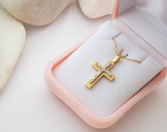 14K Solid Gold Cross Necklace, Baptism Gift Girl Cross, 14K Gold Christian Cross, Godparents Gift