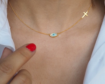 Evil eye cross Necklace, Greek Sterling silver  protection cross,