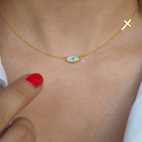 Evil Eye Cross Necklace Greek Gold Protection Cross Evil Eye Etsy