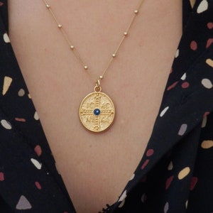 Gold coin pendant, Gold Greek medallion  necklace, Religious evil eye  coin necklace, Gold coin jewelry, disc necklace