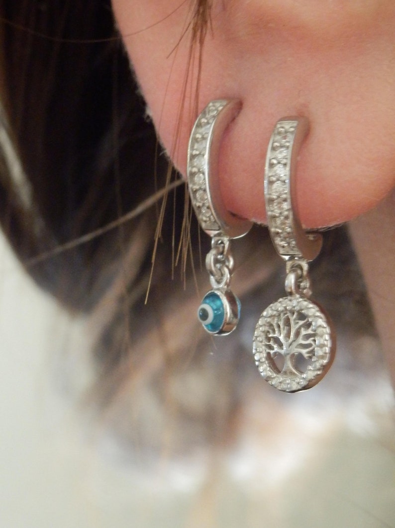 Mother of the bride Great grandma gift Tree of life silver Hoop Earrings Sterling Silver Tree of life dangle earrings
