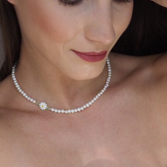 [VVV] 韓国☆High Teen Daisy Fresh Water Pearl Necklace Freshwater Pearl Daisy Necklace,real Pearl Choker Necklace