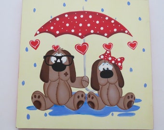 DOGS Wood Painting. Under Umbrella  Acrylic Painting on wood. Beautiful decorations for your house. Gift ideas.