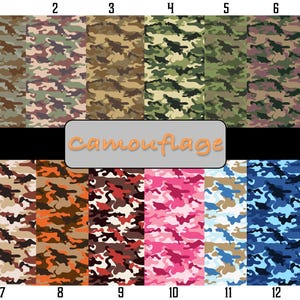 May include: A collection of camouflage patterns in various colors, including greens, browns, oranges, pinks, and blues. The word "Camouflage" is displayed in orange script. Twelve different patterns are shown, each with a unique design.