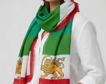 Persian Lion and Sun Flag Scarf | Lightweight Woven Scarf with Green White Red Stripes Persian Heritage Emblem Shir O Khorshid Made in USA