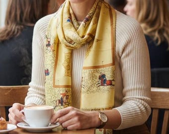 Persian Miniature Art Cotton Shawl – Pastel Yellow Horse Print Scarf, Lightweight Wrap, Made in USA