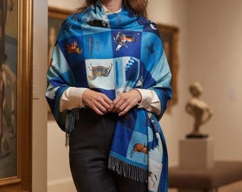 Blue Horse Print Cotton Shawl – Persian Equestrian Art Scarf, Tassel Wrap, Made in USA