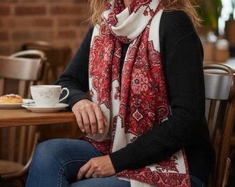 Persian Rug Print Cotton Shawl – Ivory & Red Medallion Scarf, Lightweight Floral Wrap, Made in USA