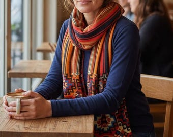 Persian Kilim Inspired Cotton Shawl – Orange & Red Geometric Scarf, Striped Wrap, Made in USA