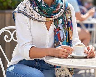 Shahnameh Persian Miniature Cotton Shawl, Ferdowsi Art Scarf, Blue & Green Printed Wrap, Made in USA