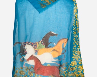 Rakhsh with Horses with Golden Flowers Shawl Scarf Handkerchief Hijab With Tazhib Floral and Eslimi Patterns Middle Eastern  Turquoise Blue