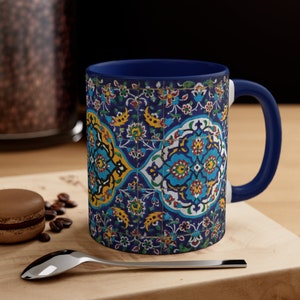 Persian Tile Art Accent Coffee Mug, 11oz Blue Handle Eslimi Pattern Coffee Mug Middle Eastern Art Persian Gift for Artist