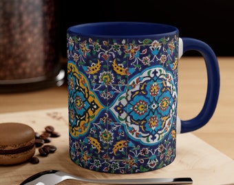 Persian Tile Art Accent Coffee Mug, 11oz Blue Handle Eslimi Pattern Coffee Mug Middle Eastern Art Persian Gift for Artist