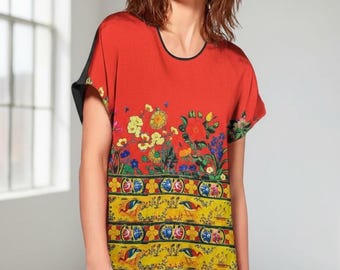 Persian Floral Silk Top Red Garden Border Print Iranian Art Blouse Lightweight Silk Shirt One Size Relaxed Fit Made in USA