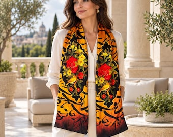 Persian Twill Shawl, Qajar Gol o Morgh Art Scarf, Persian Calligraphy Wrap, Hand Sewn, Made in USA, Gift for Her