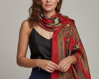 Red Qajar Cotton Shawl, Persian Art Print Scarf, Floral Border Wrap, Fringed Headscarf, Made in USA, Gift for Art Lovers