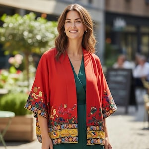 Women’s Persian Calligraphy Jacket “Bahar - Spring” Design, Crepe Fabric, Lined, One Size Fits Most coat , Made in USA