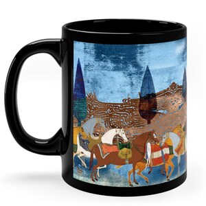 May include: Black coffee mug with a colorful image of horses and riders in a landscape with trees. The background is a blue and gold abstract design.