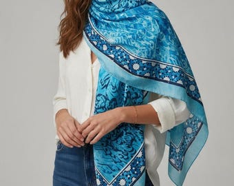 Golestan Rumi Persian Poetry Cotton Shawl, Calligraphy Scarf, Blue Lightweight Wrap, Hijab Headscarf, Made in USA, Gift for Poetry Lovers