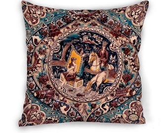Persian Velvet Pillow Cover, Khosrow and Shirin Art, Teal Floral Cushion Case, Handmade in USA, Persian Home Decor, Housewarming Gift