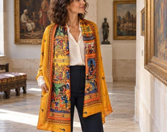 Shahnameh Persian Art Shawl – Ferdowsi Miniature Painting Scarf, Golden Mohair Wrap, Made in USA