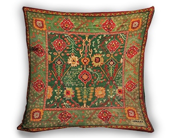 Persian Rug Velvet Pillow Cover, Green Floral Kilim Cushion, Vintage Persian Carpet Inspired Decor, Made in USA
