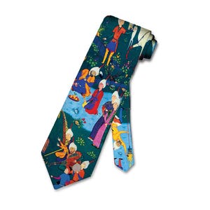 May include: A teal necktie featuring a detailed illustration of figures in traditional attire. The design includes people in red, blue, and yellow clothing, set against a backdrop of trees and flowers. The tie is a standard width and length.