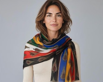 Persian-Inspired Cotton Shawl, Colorful Cypress & Floral Print Scarf, Soft Lightweight Wrap, Hijab, 31 x 78 inches Made in USA