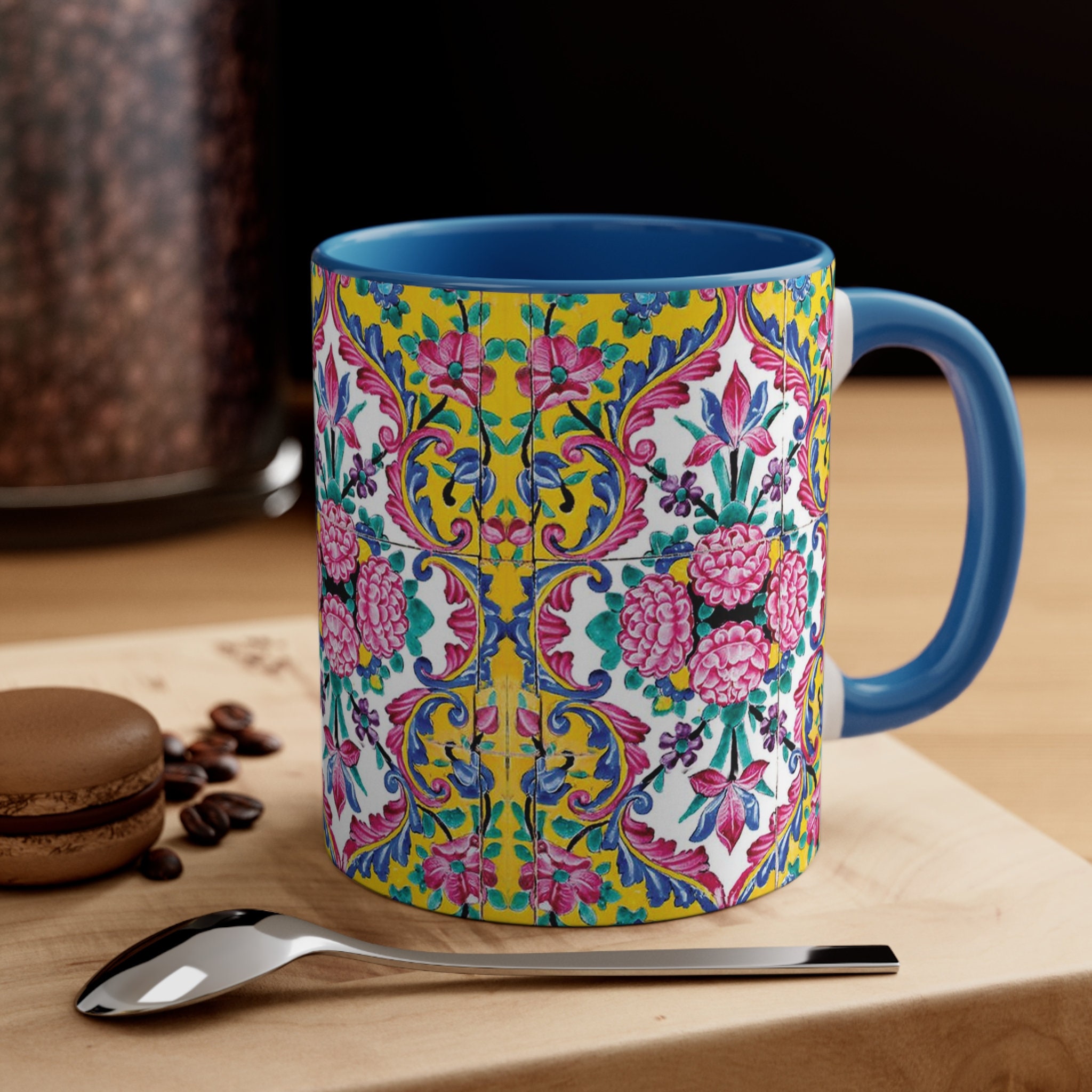 Golestan Tile Art Coffee Mug, 11oz Blue Handle Eslimi Pattern Mug Middle Eastern Art Persian Gift for Artist Qajar Floral