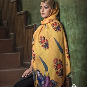 Yellow Yalda Shawl  Persian Qajar with Qajar women musician figures shawl scarf  handkerchief wrap |Middle Eastern | Persian Style