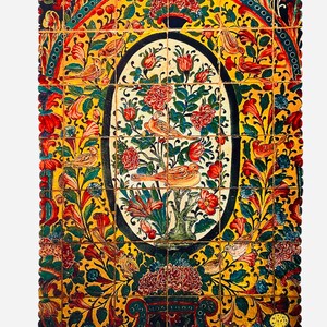 May include: A decorative tile panel featuring a vibrant floral and bird design. The central oval showcases a tree with birds and red flowers. The background is yellow with intricate floral patterns and birds, framed by a dark border.