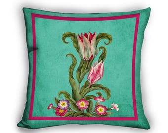 Persian Tulip Velvet Throw Pillow – Turquoise Floral Cushion, Pink Botanical Decorative Pillow, Boho Sofa Decor, Made USA