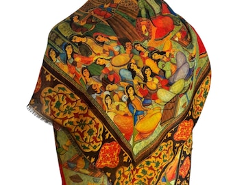 Persian Art Cotton Shawl, Miniature Bazm Musicians Print Scarf, Soft Colorful Lightweight Wrap, Fringed Headscarf, Made in USA, Gift for Her