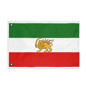 May include: A rectangular flag with horizontal stripes of green, white, and red. The center white stripe features a golden lion holding a sword in front of a sun. The flag has grommets in the corners for hanging.