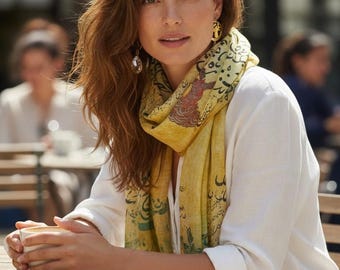 Golden Yellow Rumi Cotton Shawl, Persian Nastaliq Calligraphy Scarf, Spiritual Sema Dance Print, Lightweight Fringed Wrap, Poetry Lover Gift