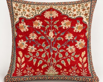 Persian Floral Velvet Pillow Cover, Red Persian Rug Cushion, Vintage Botanical Home Decor, Made in USA