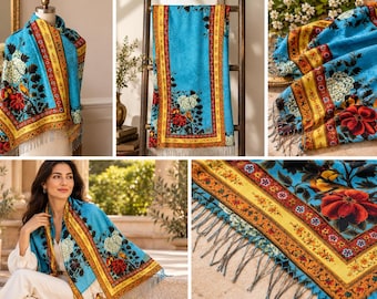 Turquoise Persian Floral Cotton Shawl – Colorful Garden Print Scarf with Tassels, Made in USA