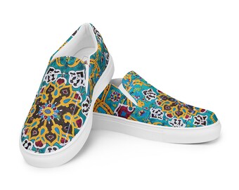 Shamseh Turquoise Tile Women’s Slip-On Shoes - Persian Tile Art Design, Blue Canvas, Comfortable & Stylish Footwear
