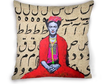 Frida Kahlo Qajar Style With Persian Alphabet  Cushion Cover Pillow Case Decorative Velvet |Designer Gift idea |Persian Art| Qajar Women