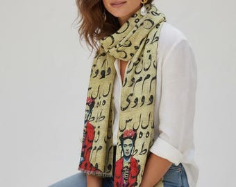 Frida Kahlo Cotton Shawl, Persian Lettering Scarf, Mexican Persian Art Wrap, Lightweight Portrait Headscarf, Made in USA