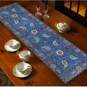 Paisley Velvet Table Runner Persian Blue Center piece Middle Eastern Nowrooz