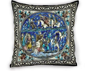 Persian Velvet Pillow Cover, Cobalt Shirin Bath Art Cushion Case, Floral Border, Handmade in USA, Decorative Couch Pillow, Housewarming Gift