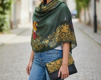 May include: A dark green scarf featuring a gold floral pattern and a horse illustration, paired with blue denim jeans and a black clutch bag with a matching green and gold floral flap. The scarf is draped over the shoulders and upper torso.