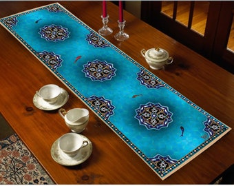 Persian Blue Tile pattern with Red fishes Table Runner Center Piece  |Middle Eastern |handmade "Nowrooz