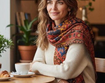 Persian Kilim Print Cotton Shawl – Blue & Red Geometric Rug Scarf, Tribal Inspired Wrap, Made in USA