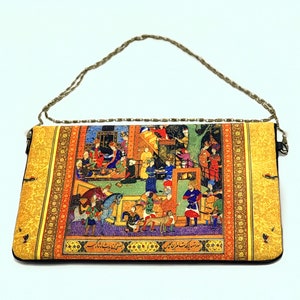 Sac dembrayage Shahnameh Golden Calligraphy en velours doux et bracelet en cuir/chaîne plier image 3