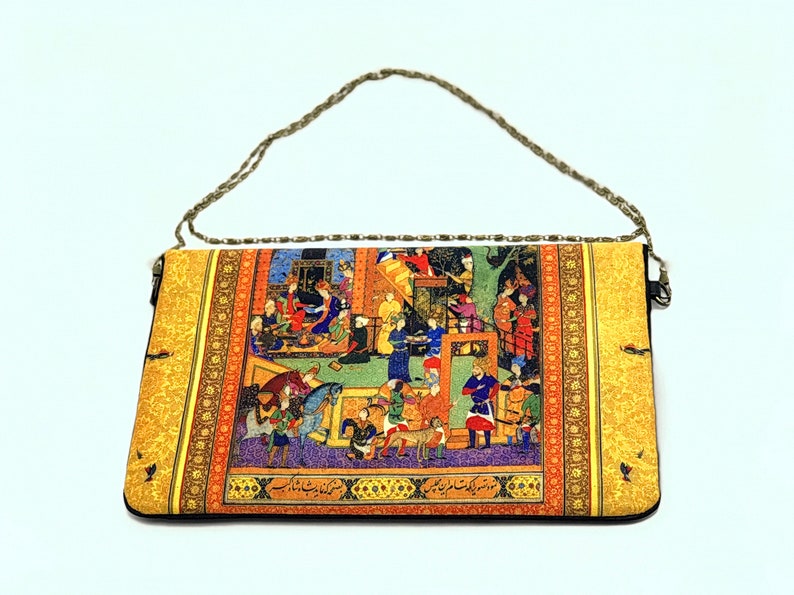 Sac dembrayage Shahnameh Golden Calligraphy en velours doux et bracelet en cuir/chaîne plier image 3