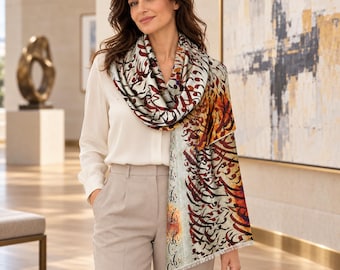Rumi Poetry Shawl, Persian Nastaliq Calligraphy Scarf, Lightweight Crepe Wrap, Ivory Burgundy Artistic Gift for Her, Made in USA