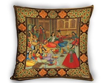Persian Miniature Velvet Pillow Cover, Royal Persian Art Cushion, Traditional Music and Dance Decor, Made in USA